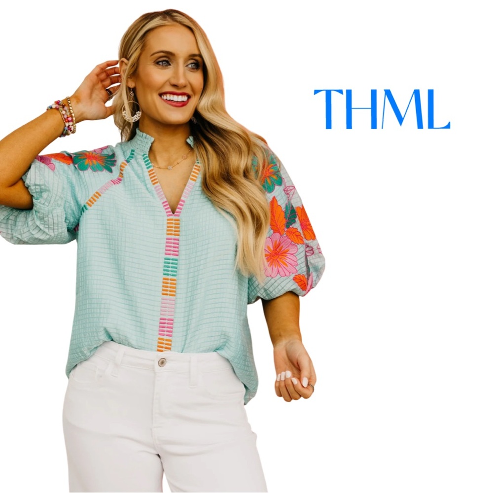 THML Aqua Peasant Top with Pink & Orange Floral Sleeves - Picture 2 of 8